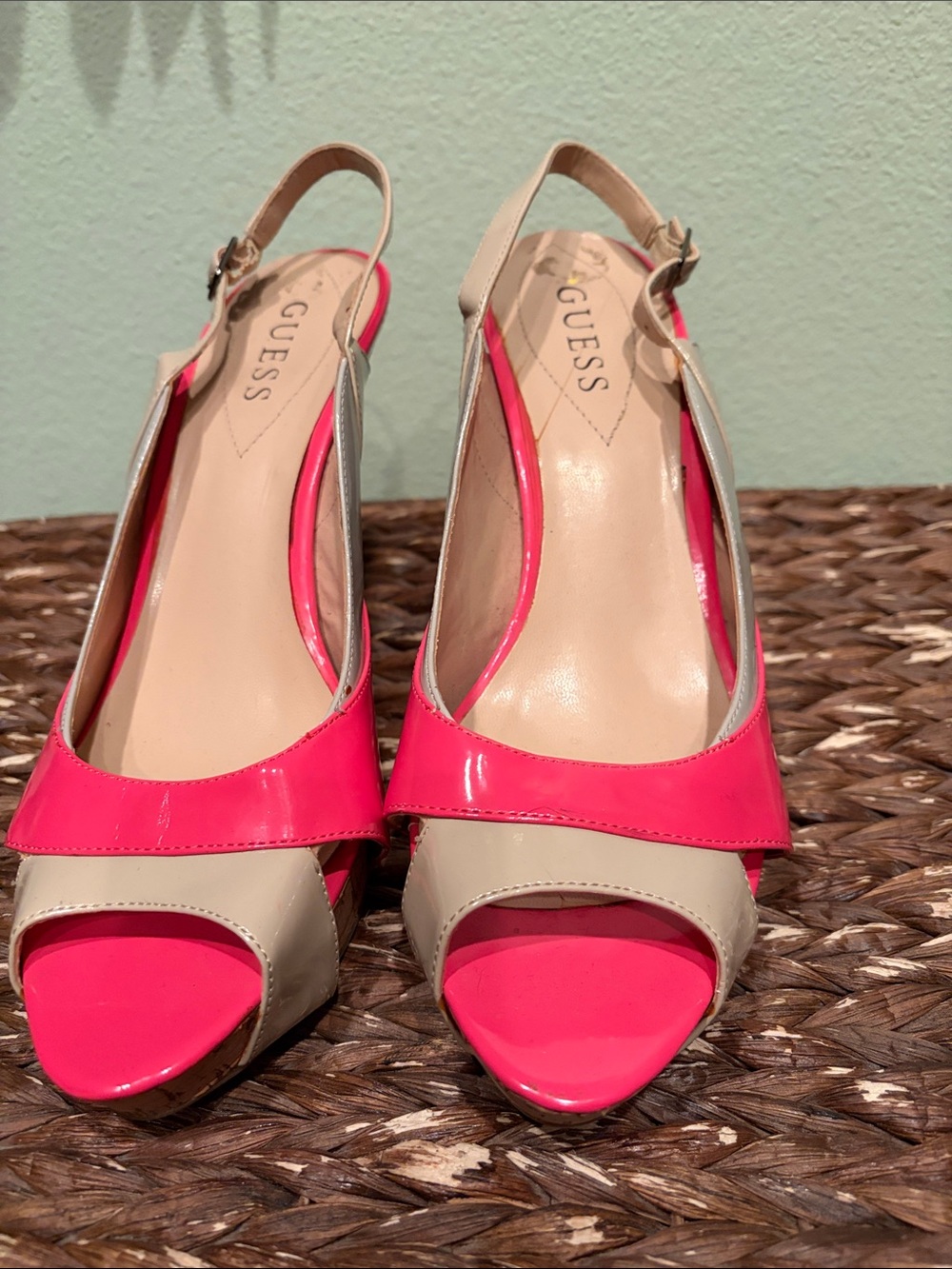 GUESS Pink and Beige Patent Open-Toe Slingback Heels